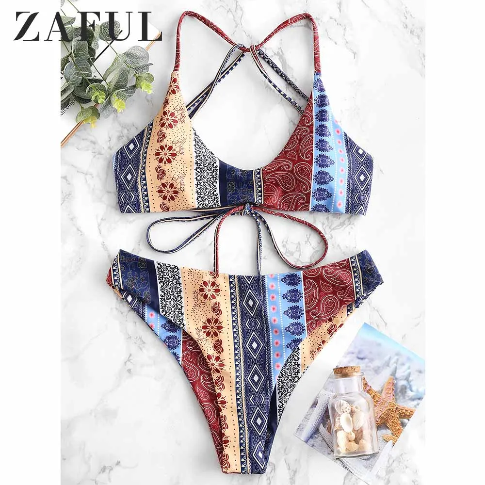 ZAFUL النساء العرقية زهرة Strappy و مجموعة البكيني 2019 السباغيتي الأشرطة سلك شحن لباس سباحة بيزلي عالية قطع مثير ملابس السباحة Biquini