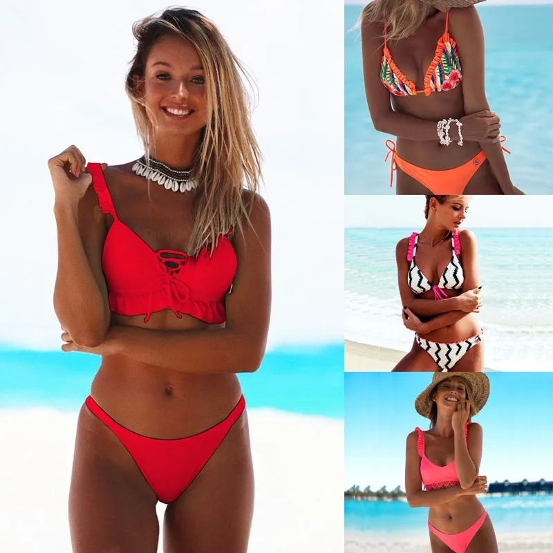 

Lefeel Floral Print Swimsuit Sexy Solid Bikinis Set Women Bandage Ruffle Bathing Suit 2019 New Swimwear Beach Wear Biquini