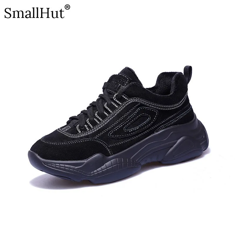 

Women Platform Sneaker Cow Suede 2019 New Spring Autumn Fashion Casual Soild Gray Black Ladies Cross-tied Flat With Shoes E060