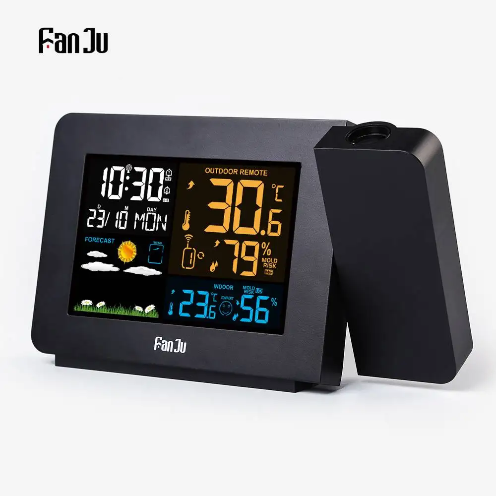 

FanJu FJ3391 Weather Station with Projection Weather Monitor DCF Radio control Calendar Backlight Alarm Clock