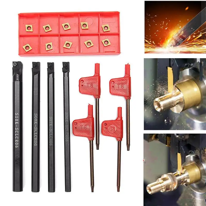 

4PCS S06K S07K S08K S10K SCLCR06 CNC Cutter Hole Bore Cutter With 10pcs CCMT060204-HM Gold Layer Blade And 4 Wrenches