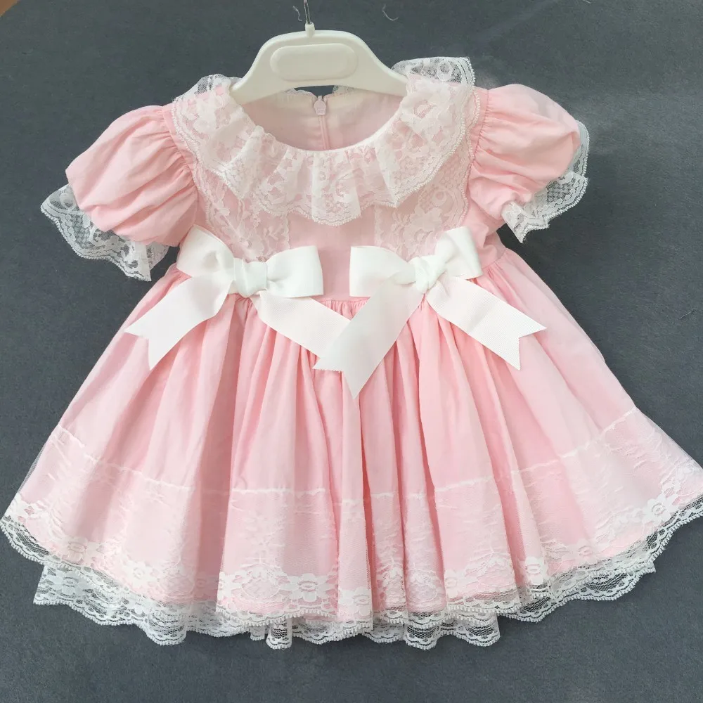 girls vintage dress pink ruffles lace bow party baby frock for kids ...