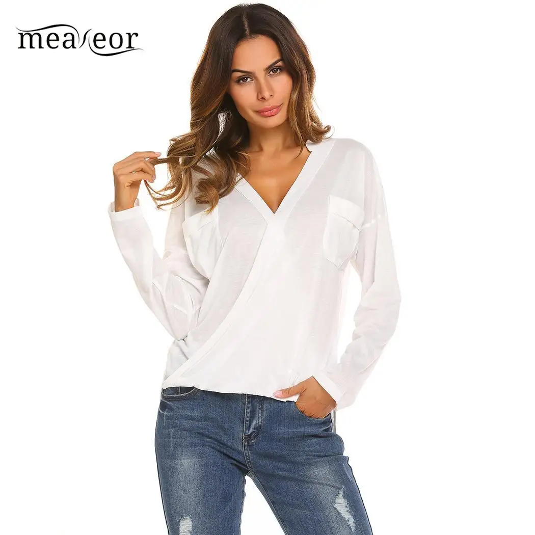 

Meaneor V Neck Sexy Blouse Front Wrap Cross Elastic Solid Ruched Spring Autumn Hem Long Hip Length Sleeve Casual Blouse Top