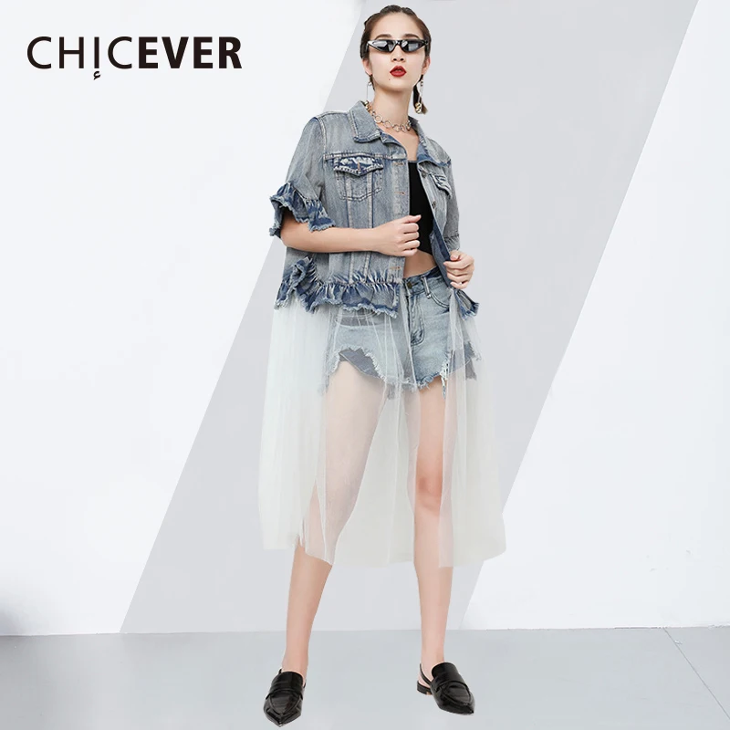 

CHICEVER Two Piece Denim Coat Female Lapel Half Butterfly Sleeveless Mesh Patchwork Jackets For Women 2019 Summer Fashion New