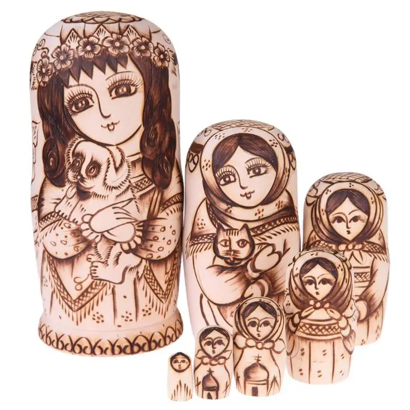 

7pcs Primary Color Wood Russian Matryoshka Dolls Girl Hold Dog Pattern Matryoshka Dolls Toy Craft Nesting Toys Birthday Gift