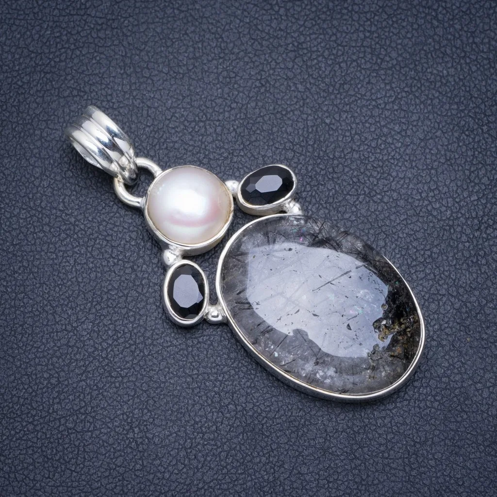 

Natural Tourmalinated Quartz,River Pearl and Black Onyx 925 Sterling Silver Pendant 1.75" A0244
