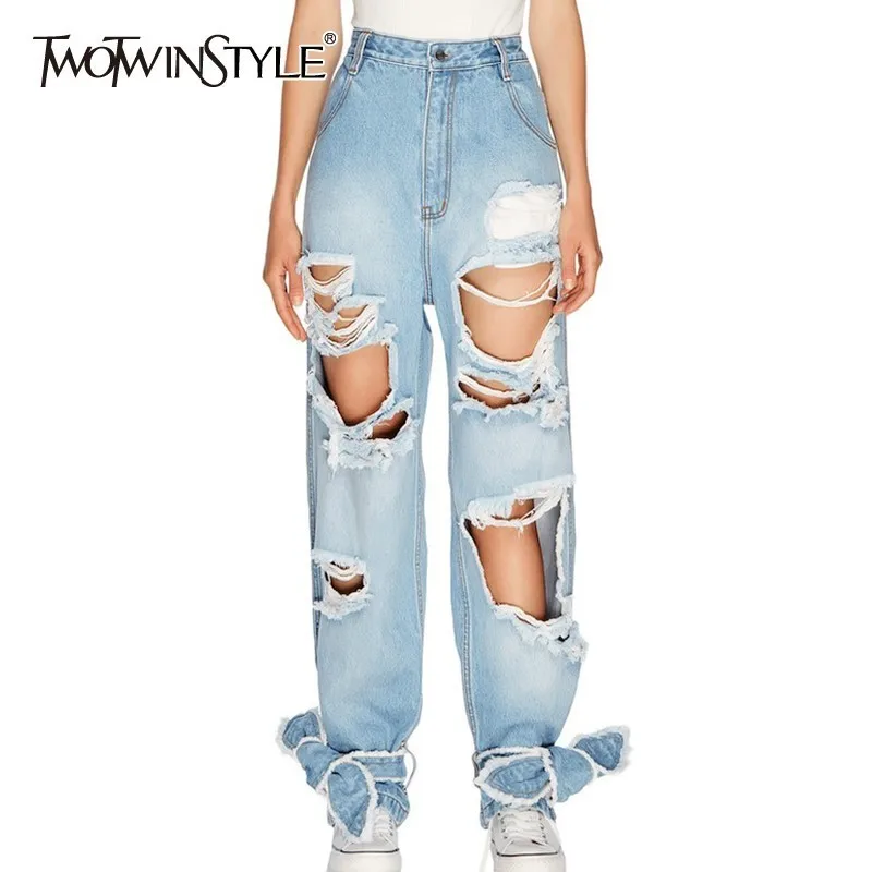 

TWOTWINSTYLE Irregular Hole Women Denim Pants High Waist Bowknot Bandage Big Size Female Jeans Spring Fashion 2019 New Tide