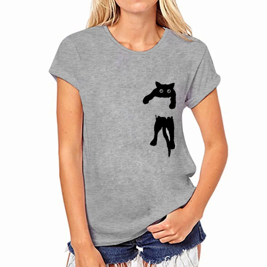 

Pocket Cat Print O-Neck Solid Color Tshirt 2019 Summer Casual Loose Women Printed T-Shirt Vogue Printing T Shirt Female Tee Tops