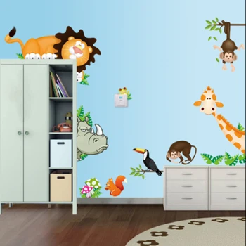 

New Cartoon Lion Elephant Giraffee Jungle Animals Wall Stickers For Kids Nursery Rooms Home Decoration