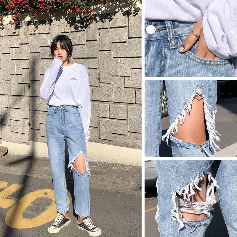 2019 Boyfriend Ripped Jeans For Women Pants Loose Trousers Denim Vintage Mom Jeans High Waist Jeans Woman