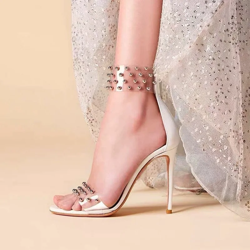 

2019 New Arrivals White PVC Ankle Strap Sandals Women Peep Toe Cut-out Rivets Stud Wedding Shoes Bride Hollow Banquet Sandals