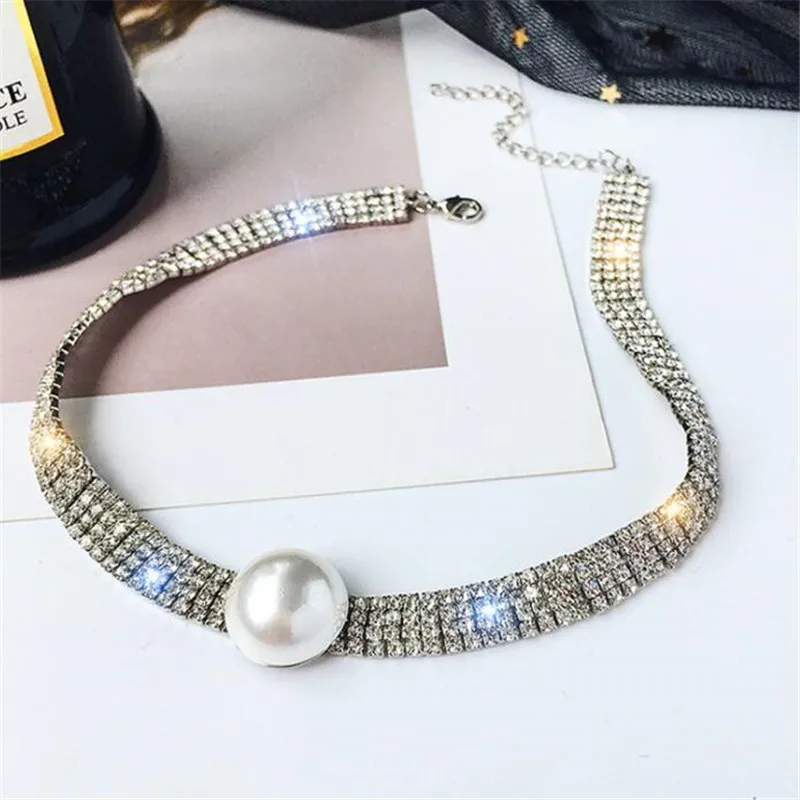 

FYUAN Full Rhinestone Choker Necklaces for Women Bijoux Gold Color Crystal Pearl Torques Necklaces Statement Jewelry Party Gifts