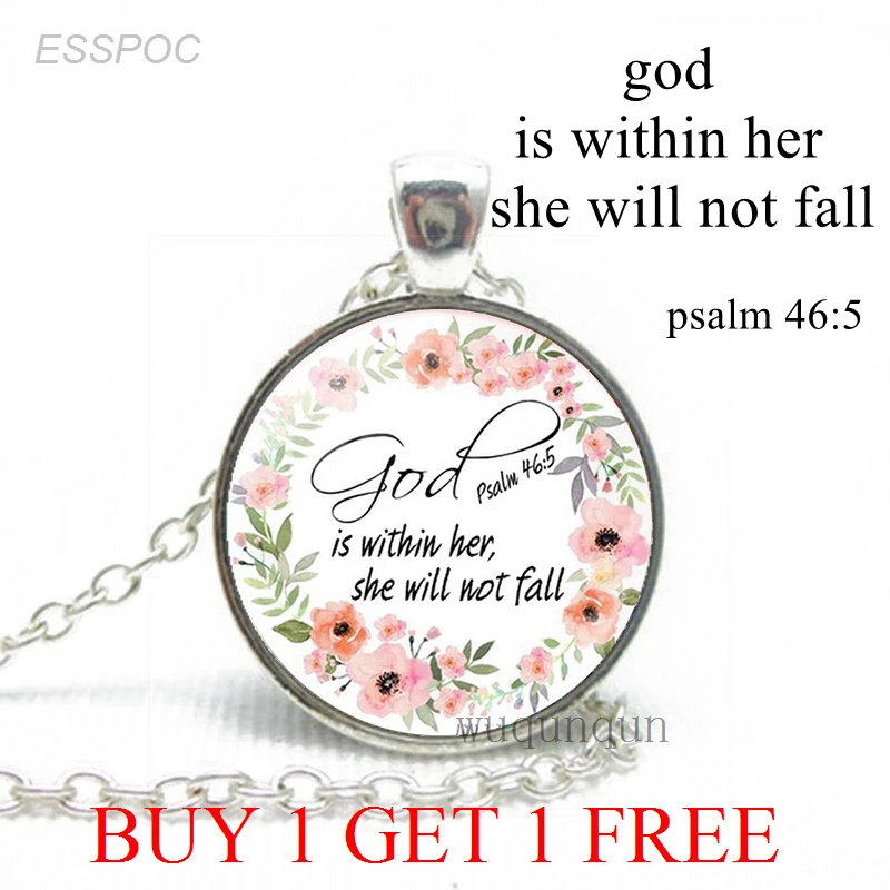 

God Is Within Her, She Will Not Fall Bible Verse Quote Fashion Psalm Necklace Glass Dome Jewelry Christian Pendant Women Gift