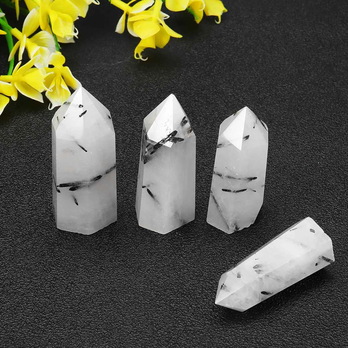 

4 Sizes Natural Quartz Crystal Point Healing Rock Stone Wand Figurines Miniature Home Decoration Craft Ornaments White Black