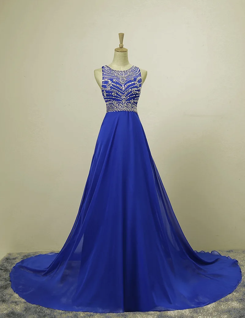 

New Fashion Exquiste blue sleeveless upper body sequins handmade chiffon Elegant Dress Women Evening Party Dress