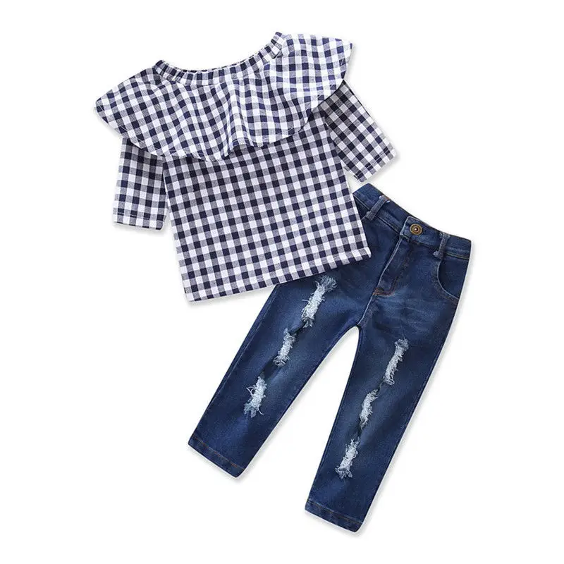 2PCS Toddler Kids Baby Girls Clothes T-shirt Tops+Denim Jeans Pants Outfits Set