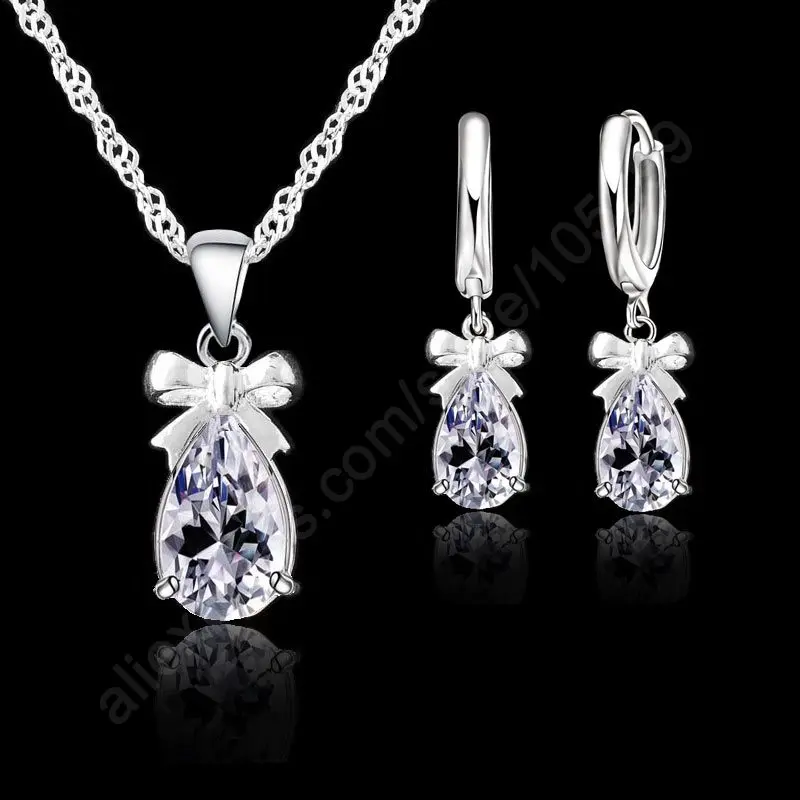 Новая мода, 925 пробы, серебряное ожерелье, серьги, набор с прозрачным кристаллом, галстук-бабочка, украшение для женщин, девушек, вечерние ювелирные изделия для помолвки