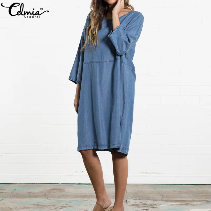 

Celmia 2019 Spring Women Denim Knee-length Dress Crew Neck Baggy Shirt Dresses Casual Loose Solid Tunic Vestidos Mujer Plus Size