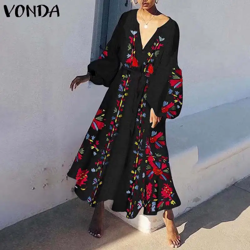 VONDA весеннее летнее платье винтажное женское богемное длинное платье макси с цветочным принтом повседневное Свободное платье с v-образным вырезом Vestidos размера плюс S-5XL