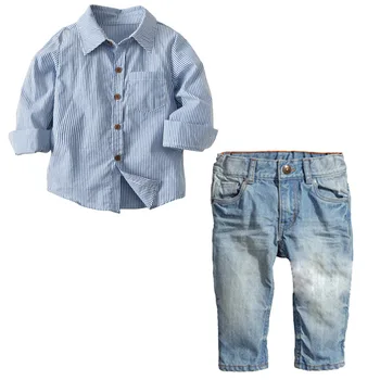

2018 Spring Boy striped long-sleeved shirt hole denim set two-piece set
