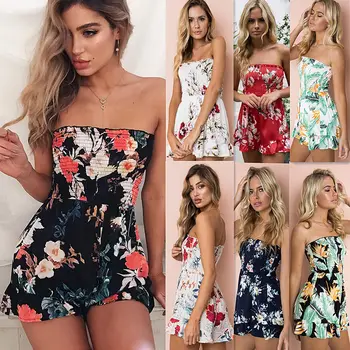 

Fashion Women Summer Bandeau Jumpsuits Strapless FloraL Print Playsuits Sleeveless Beach Shorts Female Rompers