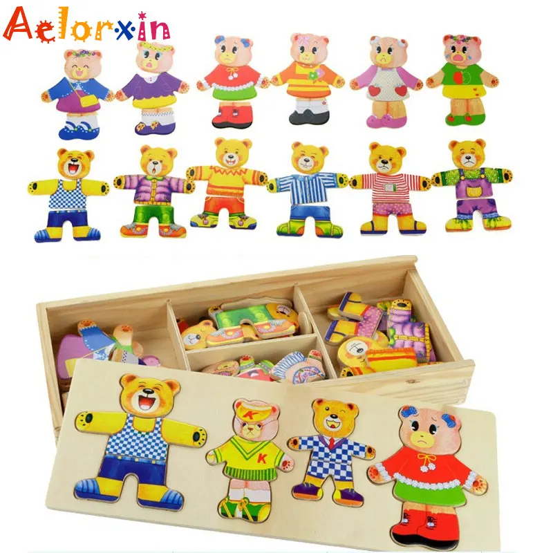 Wooden Baby Bear Changing Clothes Puzzle Set Children Kids Educational Toys Gift 