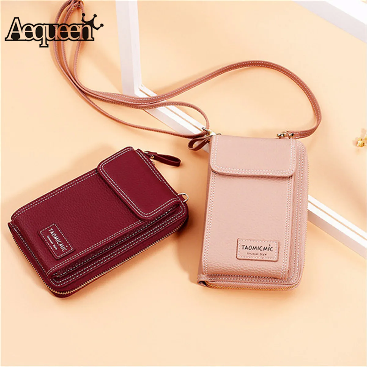 AEQUEEN Ladies Solid Faux leather Clutch Bag Small Crossbody Bag For women Purses 4 Card Slot Card Bag Pink Green Mini Phone Bag