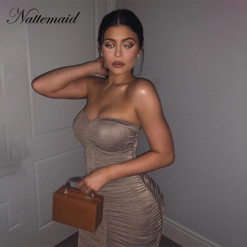 

NATTEMAID Double Layer Draped Glitter Party Dress Women Club Reflective Sexy Dress Elegant Summer Off Shoulder Dresses Vestidos