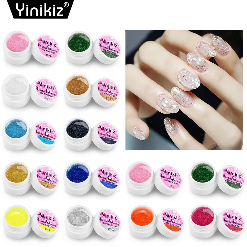 

Yinikiz12 Colors Painting Glitter Color UV Gel Varnish Nail Soak Off DIY Semi Permanent Painting Nail Polish Art Lacquer