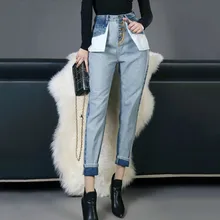 Джинсовые брюки для Для женщин Высокая Талия хит Цвета в стиле пэчворк с карманами, по лодыжки Джинсы женские Весна Повседневное E351