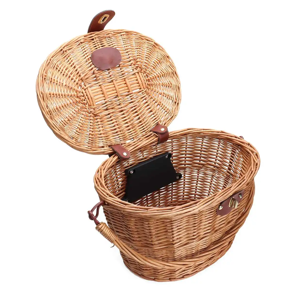 

13.78"x10.04"x9.06" Vintage Wicker Leather Straps Bicycle Front Basket Handcraft Linen with Lid Waterproof Handle Outdoor Picnic