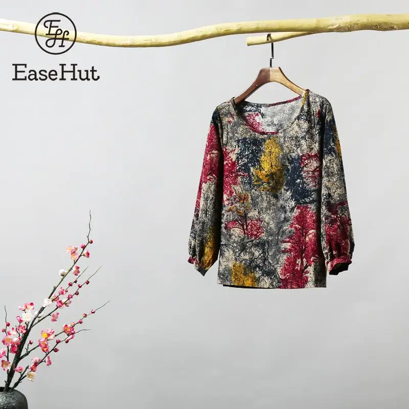 

EaseHut Women Contrast Printed Blouse Plus Size Loose Linen Cotton Blouses O Neck Long Sleeve Casual Shirts Pullover Tops blusas