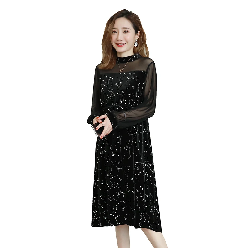 

Pengpious 2019 pleuche patchwork gauze pregnant women loose dress long sleeve o-neck elastic high waist mid-calf maternity dress