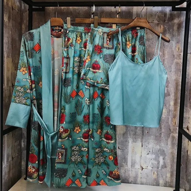 Модная весенняя и осенняя женская пижама из 4 частей, комплект с брюками, шелковая атласная пижама с длинным рукавом и принтом, женская ночная одежда, банный Халат