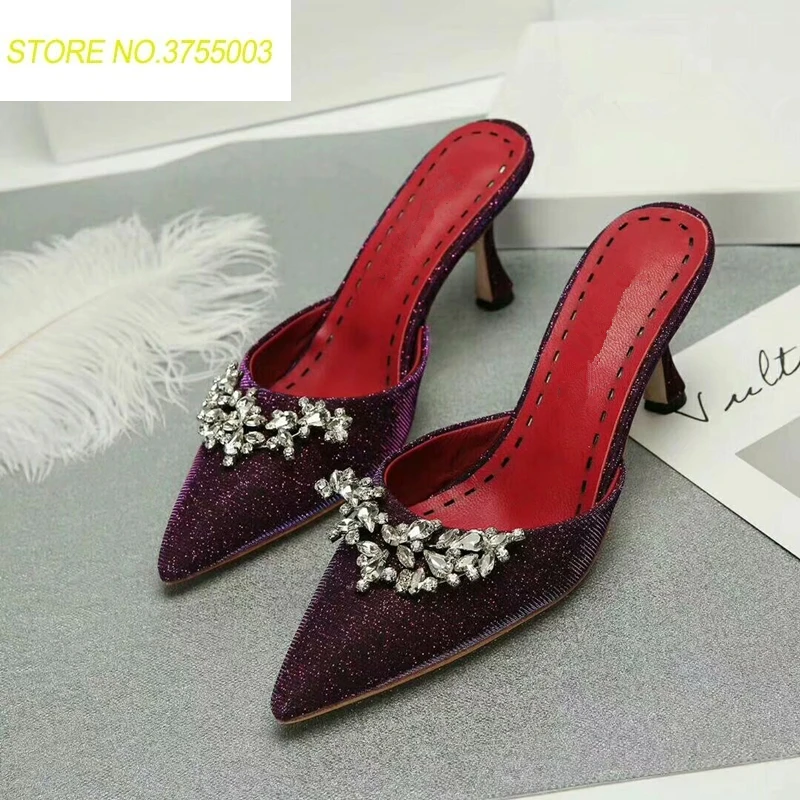 

Sequined Cloth Luxury Design Rhinestone Women Slippers Runway Party Dress Shoes Sexy Slip On High Heels Pumps Shoes 40