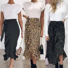 Для женщин юбки с леопардовым принтом Обёрточная бумага более асимметричный свободные юбки Высокая талия миди плиссированные Бесшовные стрейч юбка женская одежда