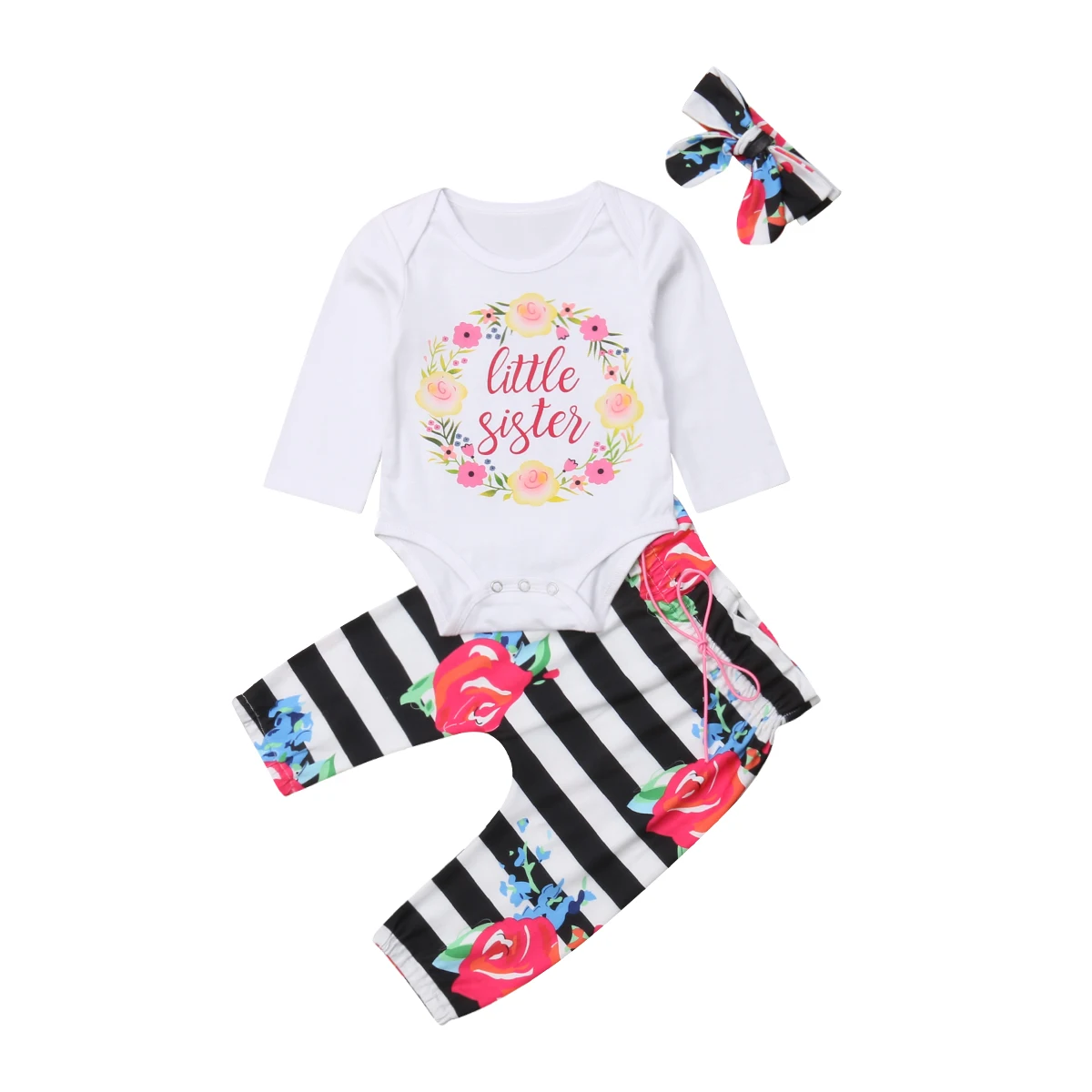 3 шт., топы для новорожденных девочек, комбинезон с длинными рукавами, штаны в полоску с цветочным рисунком, повязка на голову, комплект