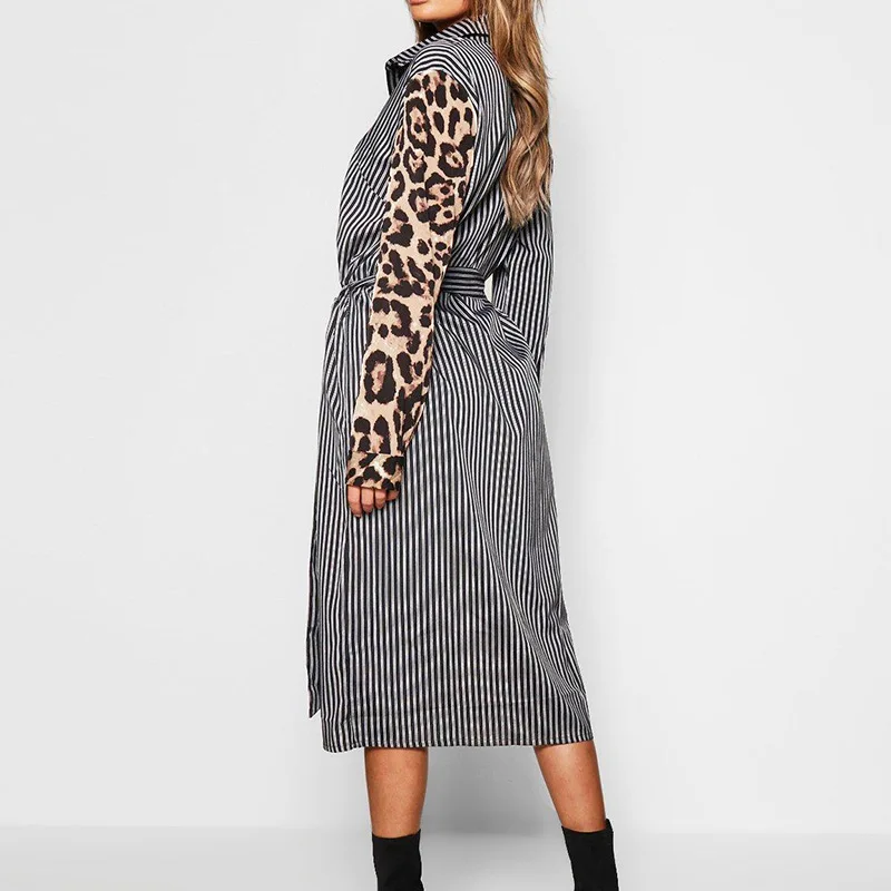

2019 Summer Dress Women Fashion Lace Up Knee Length Dress With Leopard Striped Splice Lapel Casual Dress Female Sundress Vestido