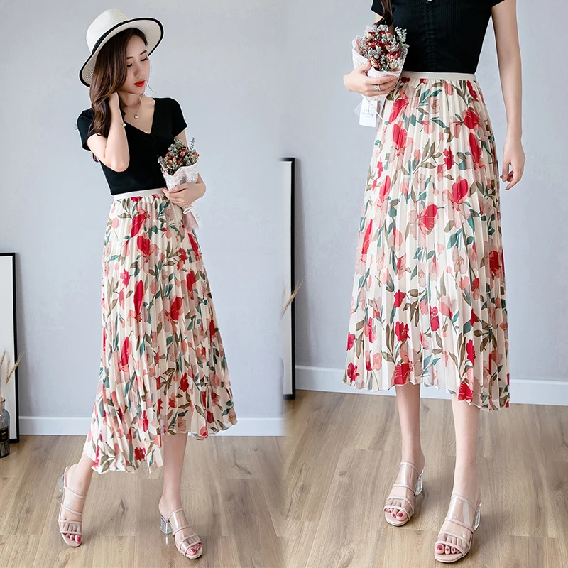 Женская плиссированная шифоновая юбка с принтом, с завышенной талией, длиной до середины икры, лето, милая Повседневная