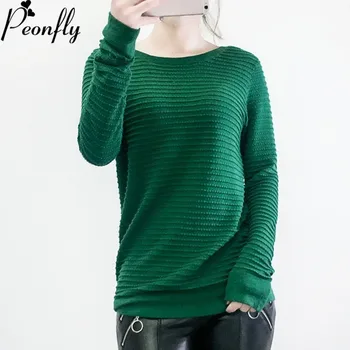 

PEONFLY Women Jumper Sweaters Button Stripe Green Knitting Streetwear Female O Neck Long Sleeve Loose Casual Clothes Pullovers