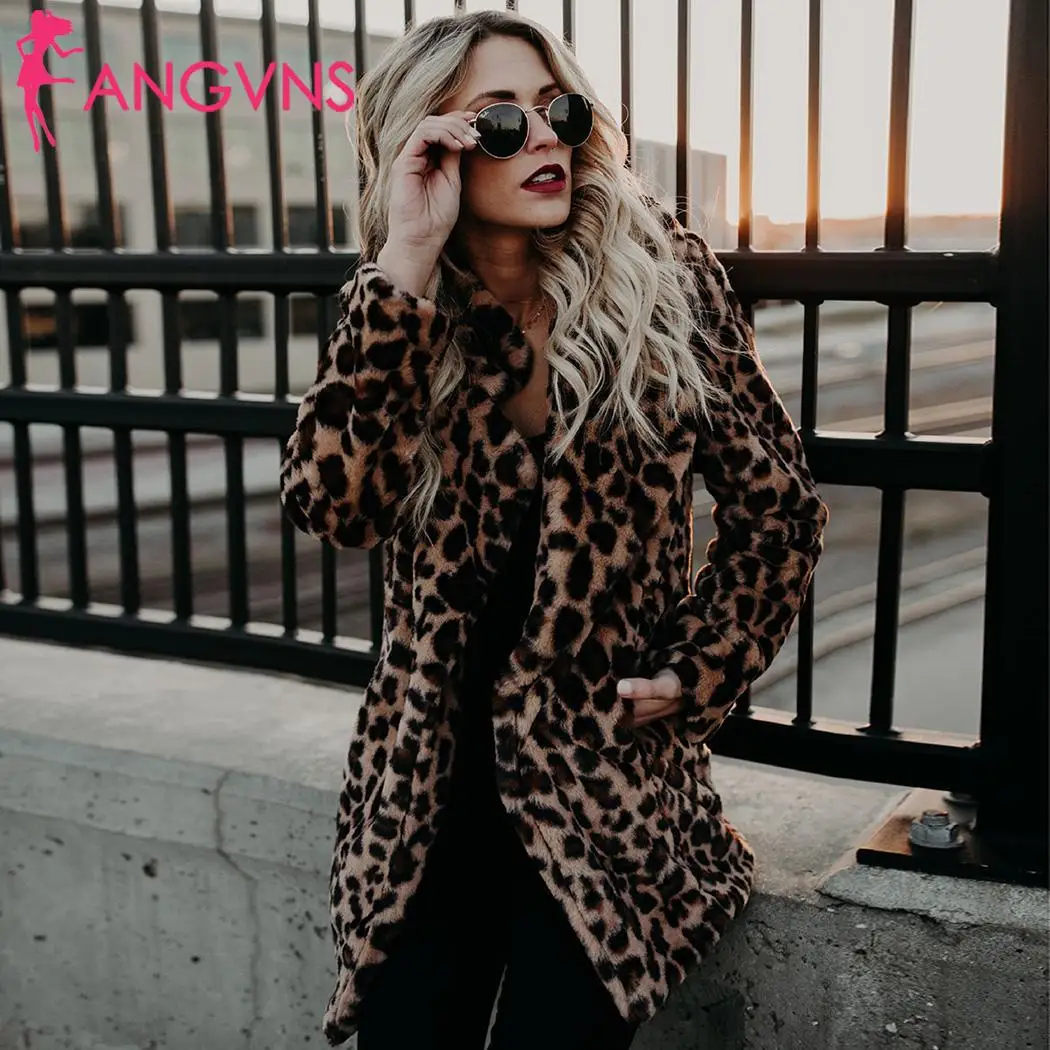 

Fashion Outwear Fur Long Women Print Faux Coat Jacket closure Casual Yellow Pockets Sleeves Zipper Winter Hooded Leopard