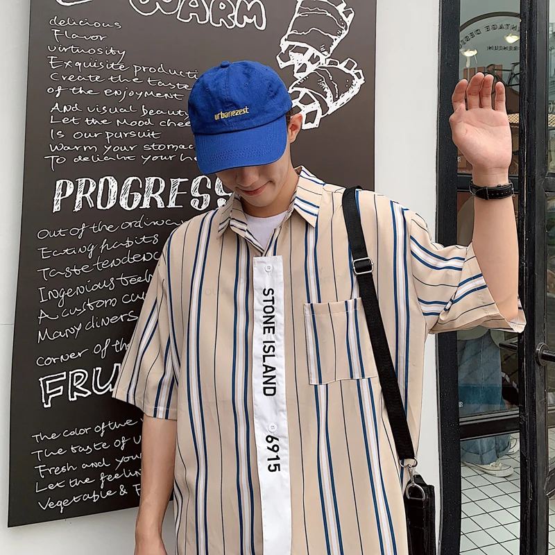 

Men's shirt 2019 summer new slim stripe print shirt loose casual lapel short sleeve shirt personality youth men's wear