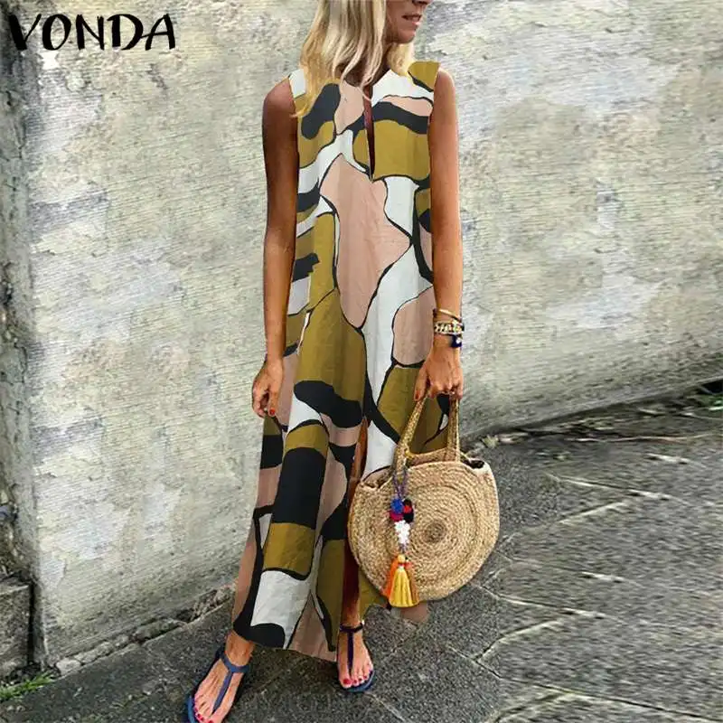 

Women Print Dress 2019 VONDA Summer Bohemian Vintage Casual Loose Sexy Maix Long Dresses V Neck Sleeveless Split Vestidos