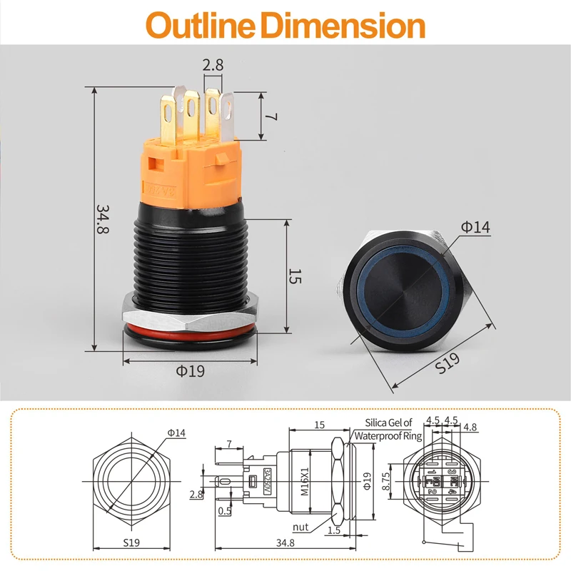 16MM aluminum oxide black 12v 36v 110v 250v 3A latch plat on off switch with power symbol