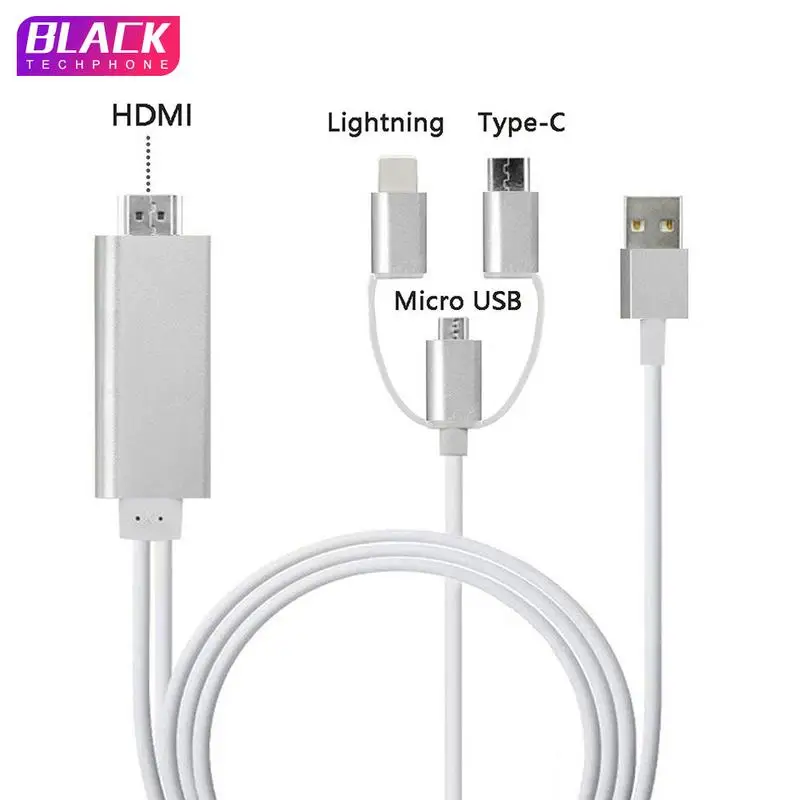 

3-in-1 Lighting/Type-C/Micro USB to HDMI Cable Mirroring Cellphone Screen to TV/Projector/Monitor Adapter 1080P for IOS Android