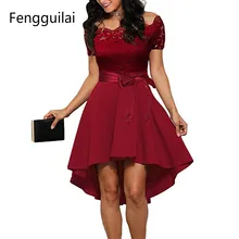 Элегантное Красное Кружевное платье для женщин в стиле пэчворк с вырезом лодочкой и коротким рукавом с поясом, платье-туника, летнее сексуальное вечернее платье для девушек