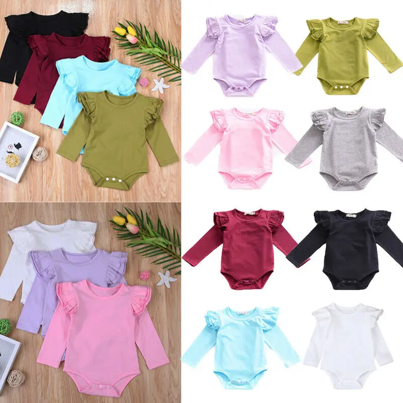 

Newborn Baby Girl Boy Ruffle Long Sleeve Bodysuit Solid Jumpsuit Outfit Sunsuit Summer 0-24M