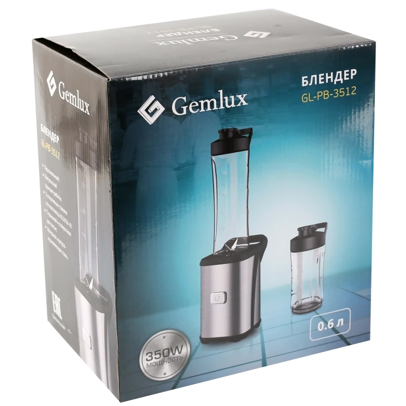 Блендер GEMLUX GL-PB-3512(Мощность 350 Вт, два тритановых стакан с крышкой 0.3 и 0.6 л, материал корпуса- пластик нержавеющая сталь, 4-х лопастной нож из нержавеющей стали