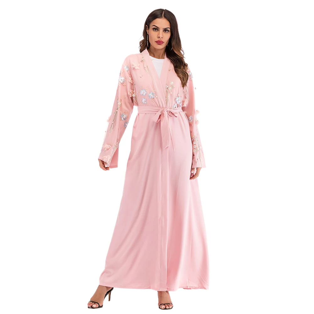 Muslim Abaya Cardigan Robe Women Elegant 3D Embroidered Appliques Mesh Patchwork Long Sleeve 