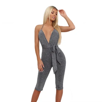 

Sexy Women summer jumpsuits Fashion Sleeveless halter backless playsuit pants Club Shinny Slim Bandage off shoulder 2019 rompers
